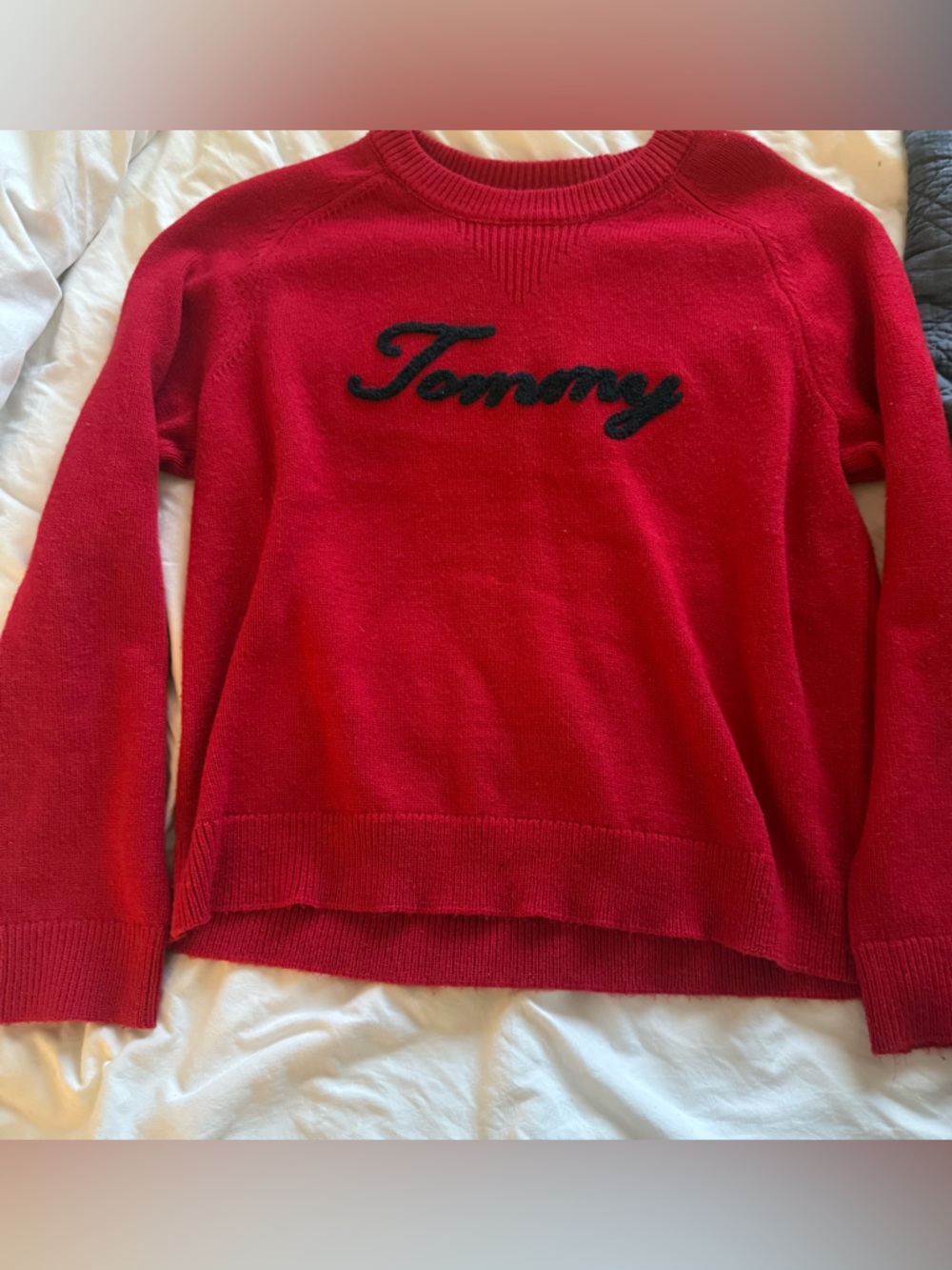 Tommy Hilfiger Red Crewneck Sweater with Black Script Logo - Picture 1 of 2